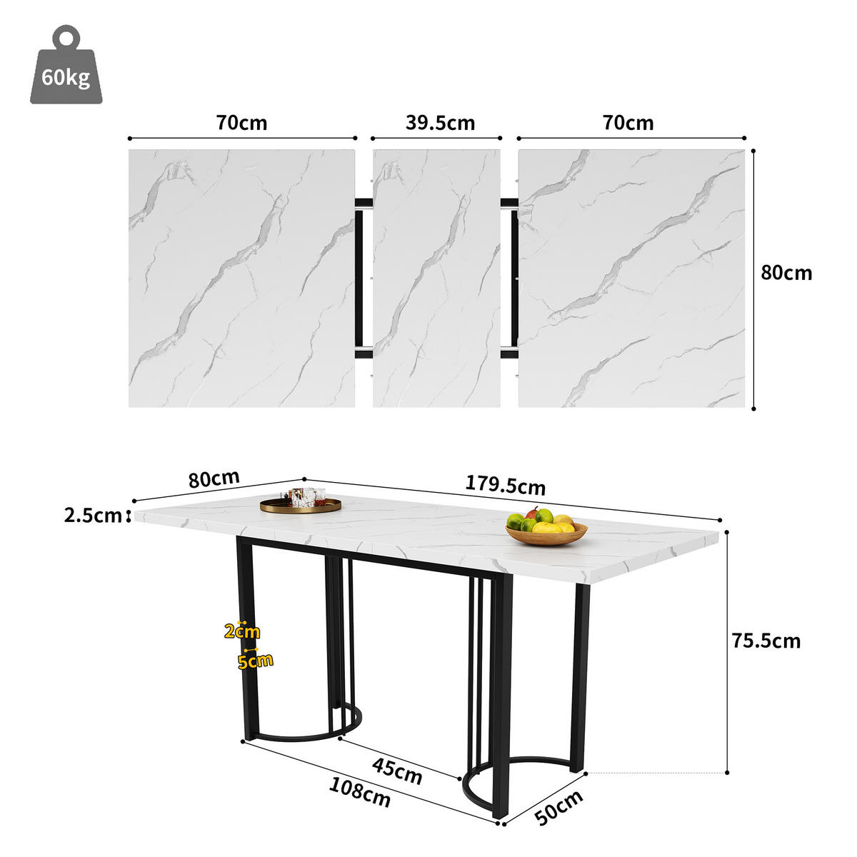 ESSTISCH 140-180x80x76 cm in Weiß und Schwarz aus MDF mit Marmoroptik und Teleskopfunktion - Weiß, Holzwerkstoff (179/80/75.5cm) - Modfu