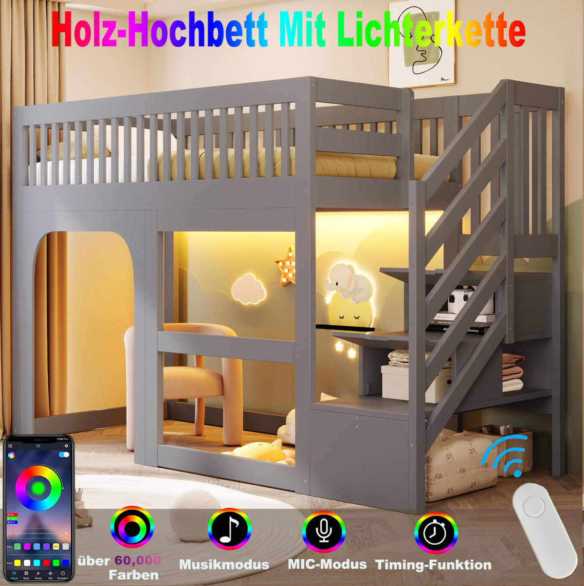 HOCHBETT aus Kiefernholz 90x200 cm Grau mit LED-Beleuchtung, Stauraumtreppe und Sicherheitsgeländern - Grau, Holz (90/200cm) - Modfu