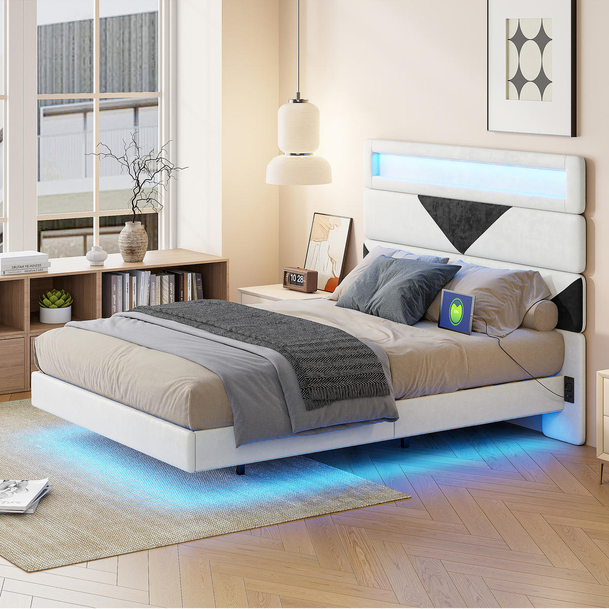ČALÚNENÁ posteľ 160x200cm zamatová s USB - biela, drevo - SHOPENTRA