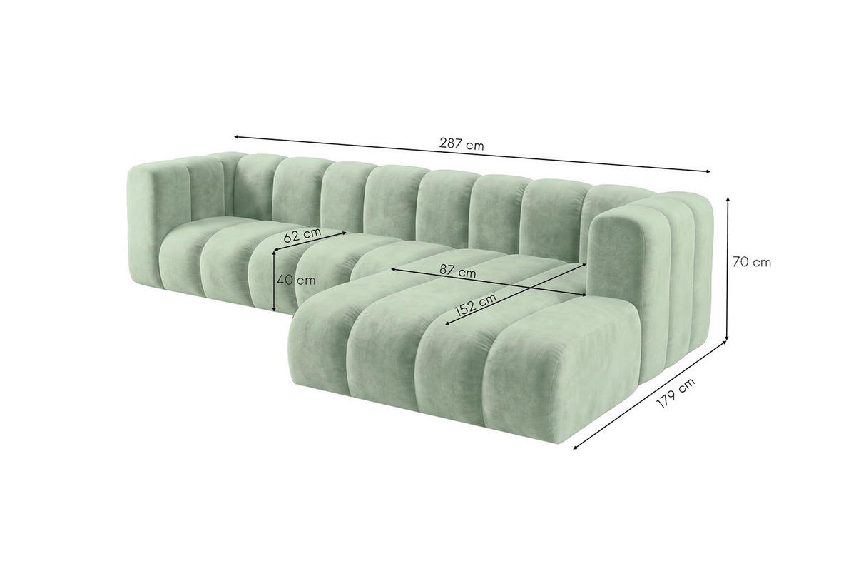 ECKSOFA Modulares In L-Form, Velvet-Stoff Riviera, Mintz, Rechts, GRAND 287 cm - Mintgrün, Holz (287/179cm) - Kaiser Möbel