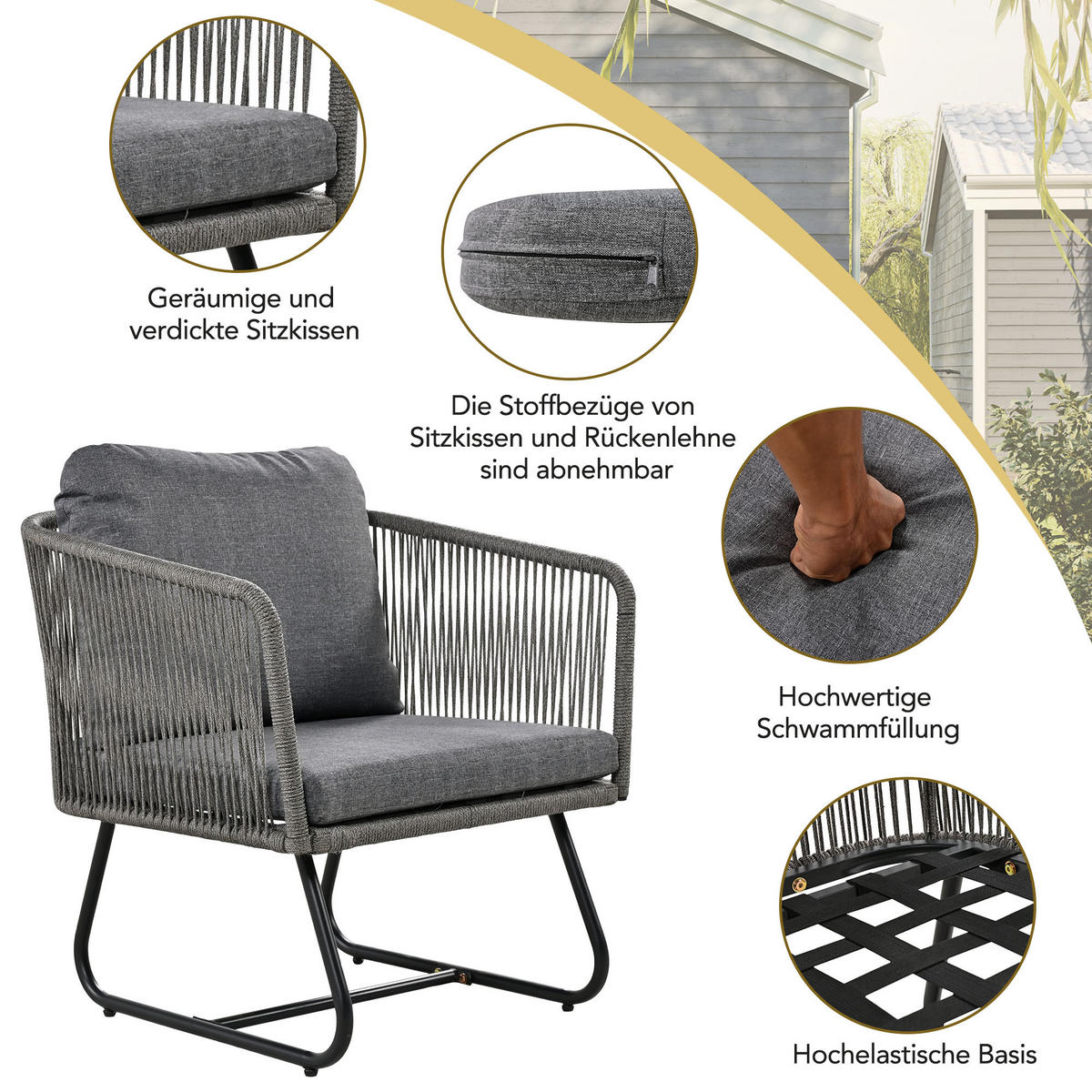 GARTEN Lounge Set 5teilig mit verzinktem Eisenrahmen grauem Seil Glastisch verstellbaren Füßen und Kissen Grau - Grau, Metall - FLIEKS
