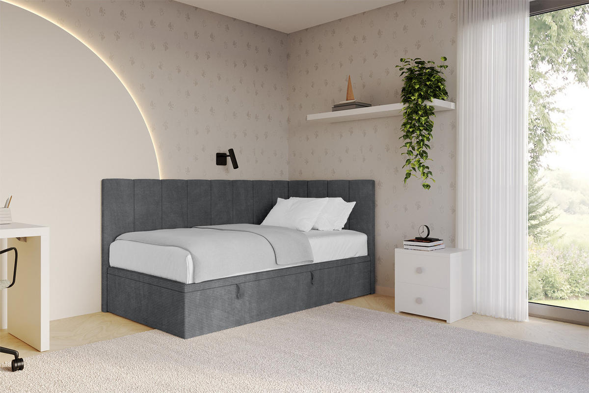 EINZELBETT Jugendbett mit Bettkasten Links, mit Matratze - LOVY 80x200 Dunkelgrau - Graphitfarben, Holzwerkstoff/Textil (80/200cm) - ALTDECOR