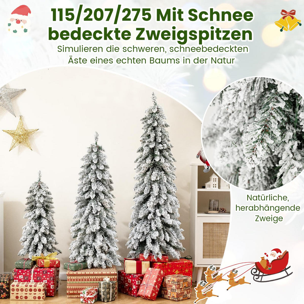 WEIHNACHTSBAUM Tannenform mit Beleuchtung und Schnee 90/120/150 cm weiß(3-tlg) - Weiß, Metall (150cm) - COSTWAY