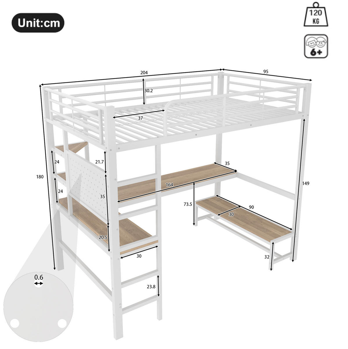HOCHBETT mit Schreibtisch und Ablagen 90x200 cm Metall Weiß - Weiß, Metall (90/200cm) - Beauniv