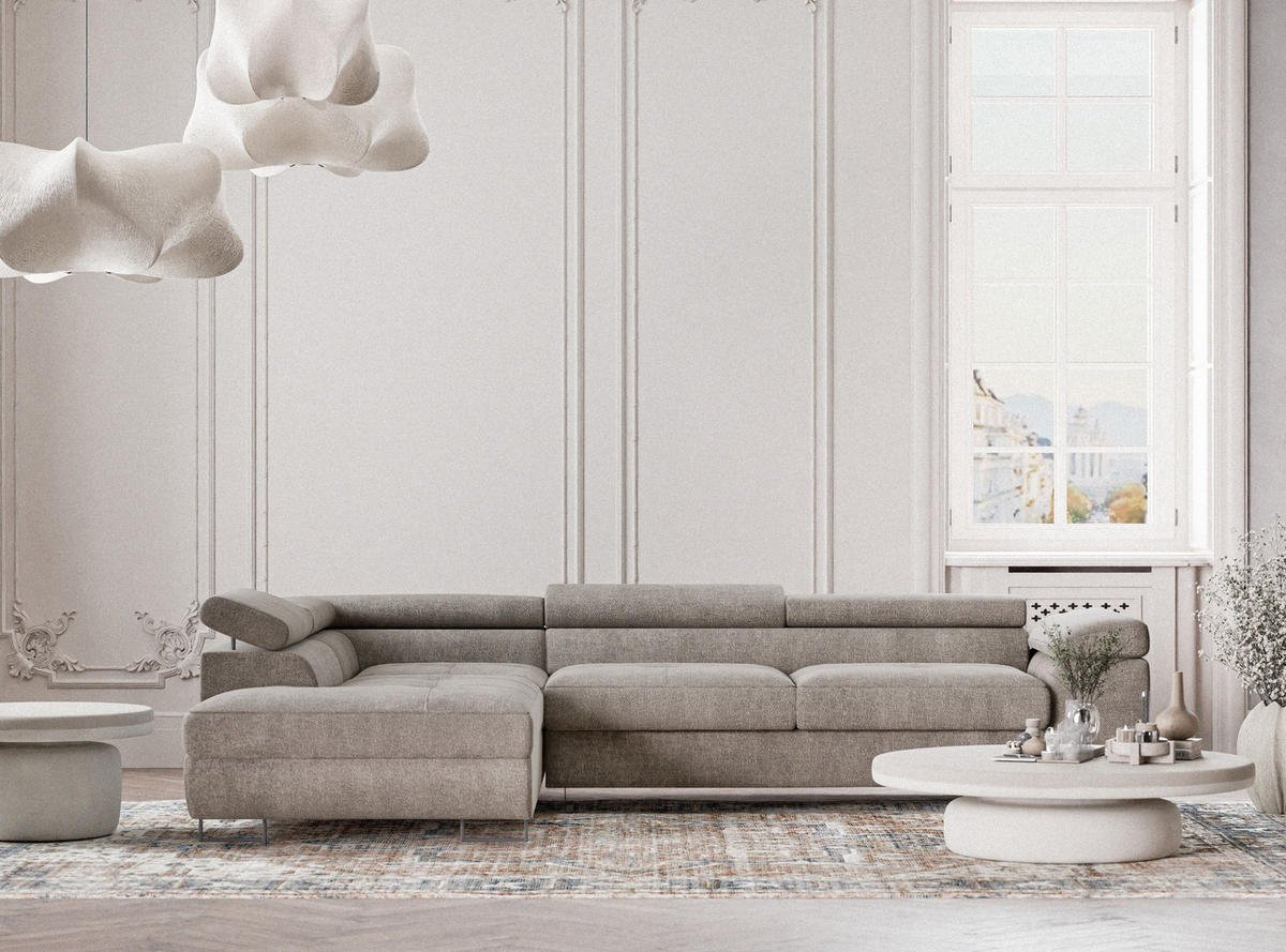 ECKSOFA Concord Braun Chenille-Stoff - Links Seite - Schwarz/Braun, Holz/Holzwerkstoff (203/277cm) - Maison de Reve