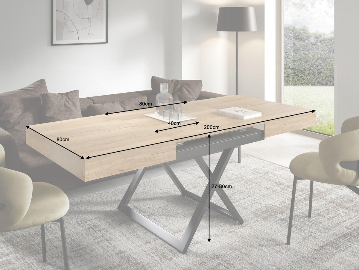 ESSTISCH UND COUCHTISCH IN EINEM Elano Halifax Eiche - Hellbraun/Schwarz, Holz/Metall (80/200/80cm) - S-Style Möbel