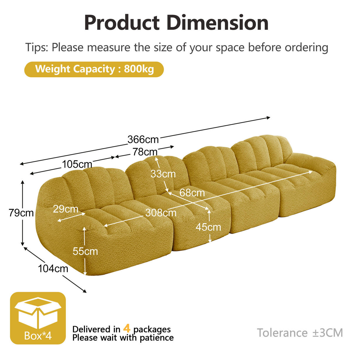 4-SITZER SOFA Granulierte Fleece Gelb - Gelb, Textil (366/79/104cm) - WISHDOR