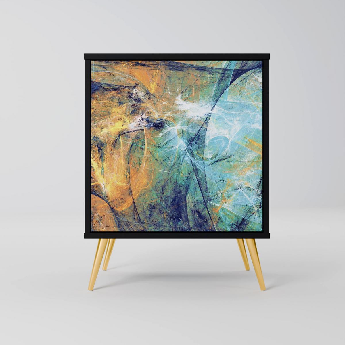 SIDEBOARD ABSTRACT THOUGHTS, Schwarz, 57,5x42x67,5 cm, Schwarze Metall-Rahmenfüße - Multicolor/Schwarz, Holzwerkstoff/Metall (57.5/67.5/42cm) - SpaceRebels