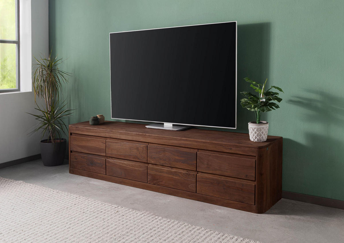 TV-BOARD Sheesham 220x40x50 rot-braun gebeizt TORONTO #166 - Dunkelbraun, Holz (40/50/220cm) - Massivmoebel24
