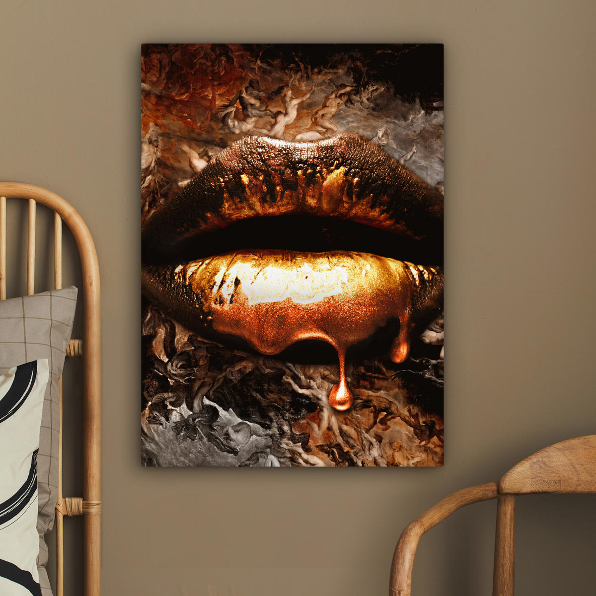 LEINWANDBILD Gold - Lippen - Kunst - Gold - Luxus - Abstrakt 60x80 cm - Kupferfarben, Textil (60/80cm) - MuchoWow