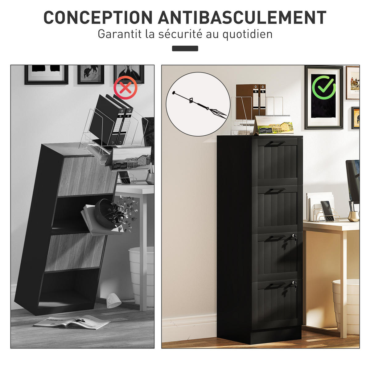 AKTENSCHRANK DE-14515 4 Schubladen abschließbar mit Hängeakten Schwarz - Schwarz, Holzwerkstoff (40/131/40cm) - ComfortXL