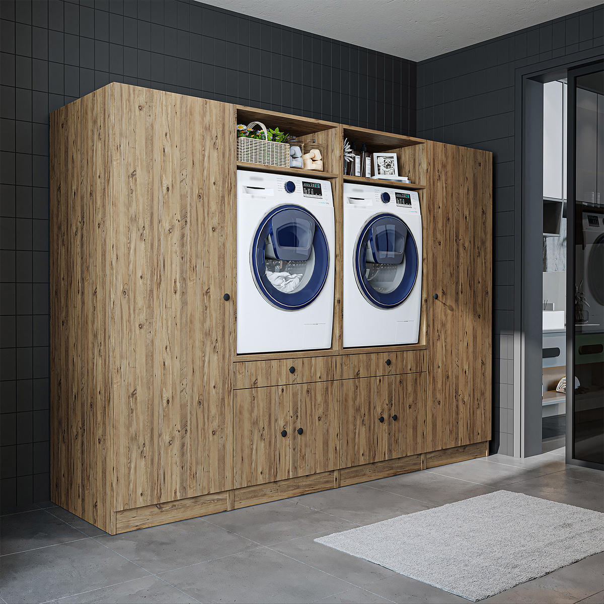 WASCHMASCHINENSCHRANK Serie 1 254cm Breit, 184cm Hoch - Eichefarben, Holzwerkstoff (254/184/67cm)