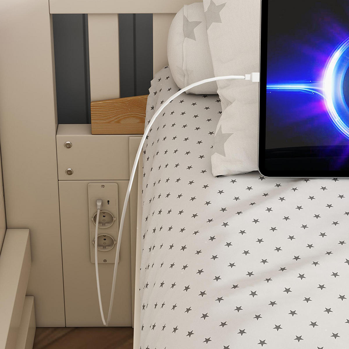 ETAGENBETT 90x200 & 140x200 cm mit hydraulischem Stauraum, Versetztes Familienbett - Naturfarben, Holz