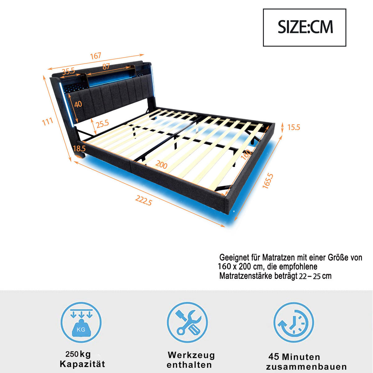 POLSTERBETT 160/200 cm grau aus Leinenstoff mit LED und USB-Anschluss mit Stauraum - Grau, Textil (160/200cm) - OKWISH