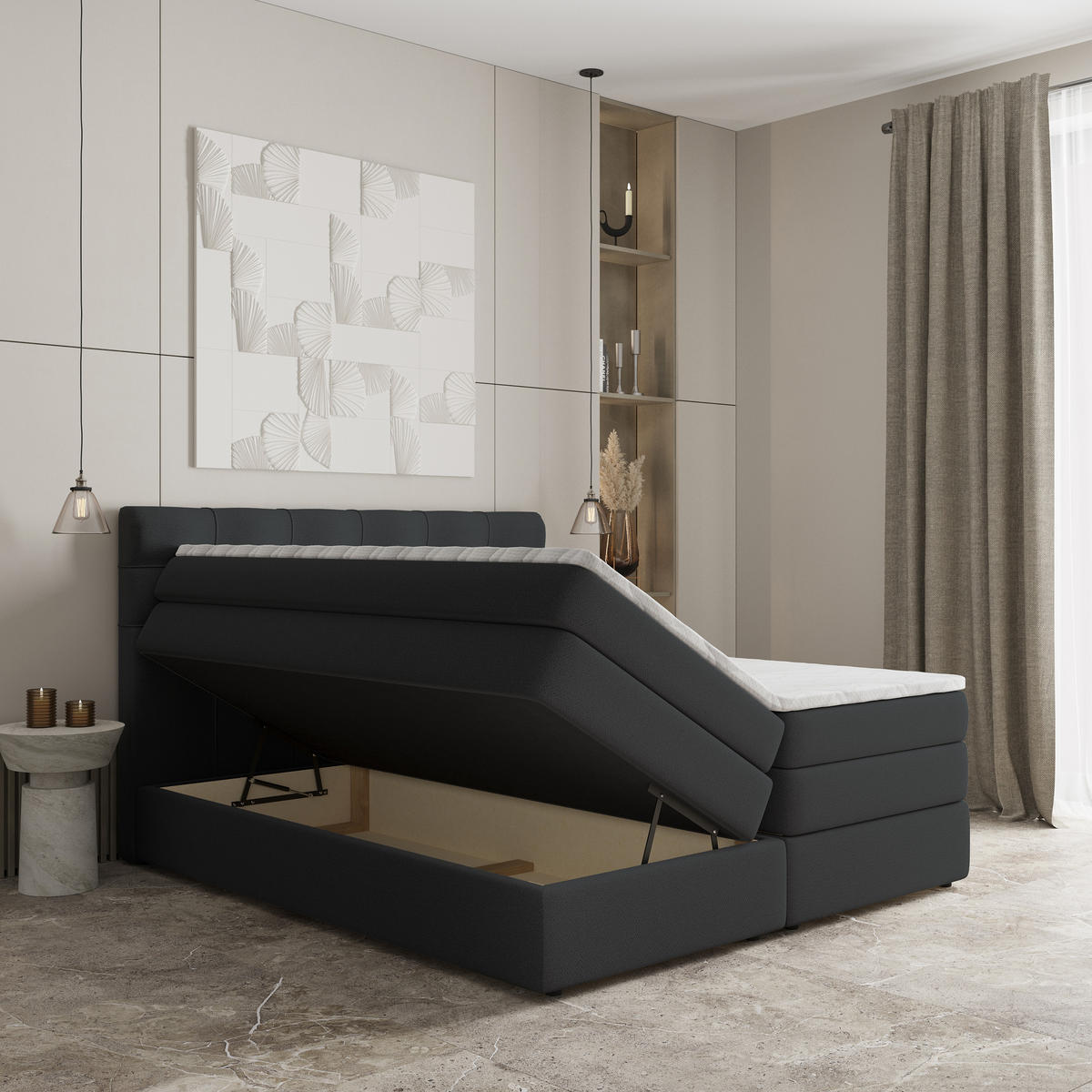 BOXSPRINGBETT AREZI 160x200 cm mit Matratze und Topper - Schwarz - Schwarz, Holz (160/200cm) - MASSENO