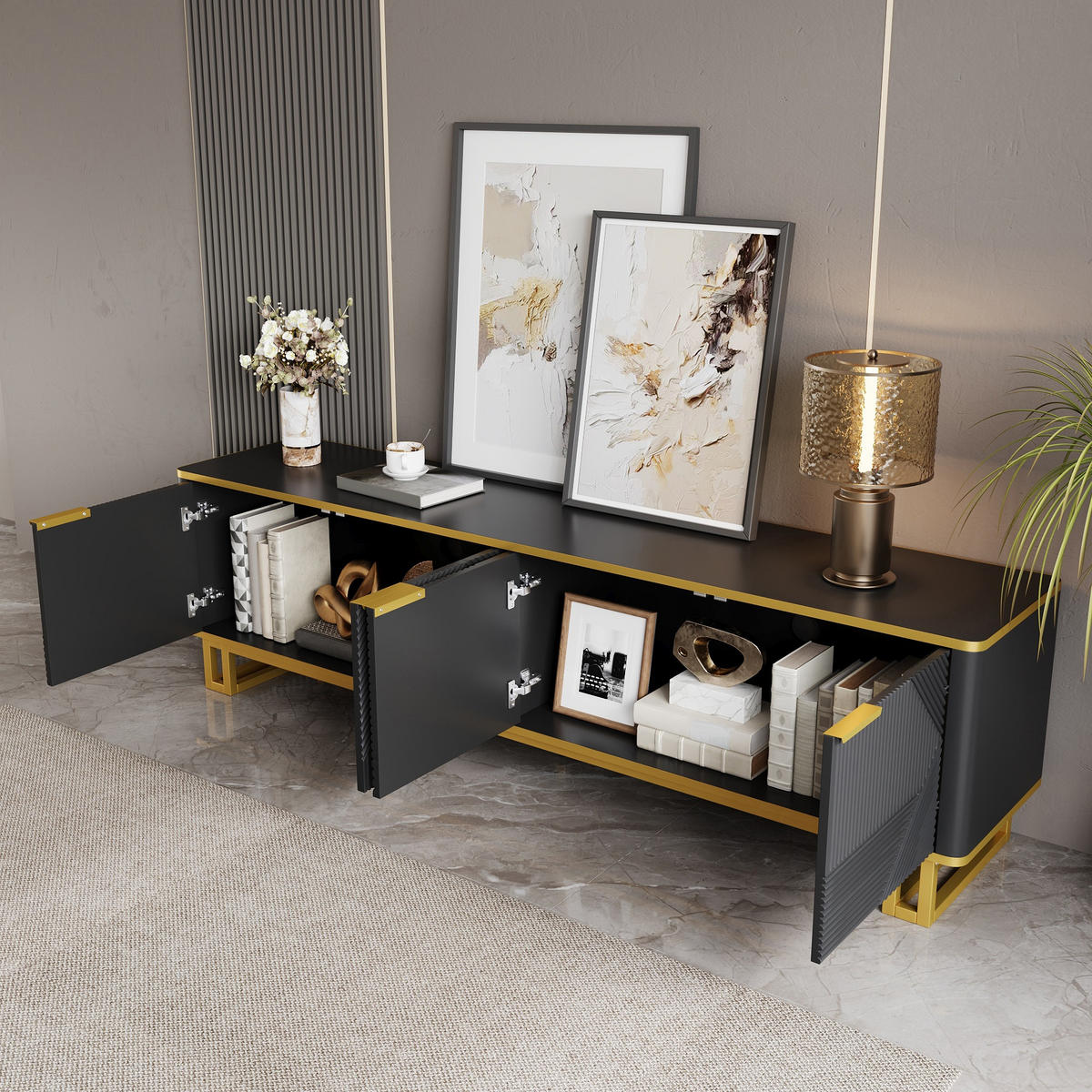 TV-ELEMENT160X37,5X48CM SchwarzGold Lowboard mit 4 Türen und Kabelmanagement - Schwarz, Holz (45.09/14.61/175.26cm) - Raelunyi