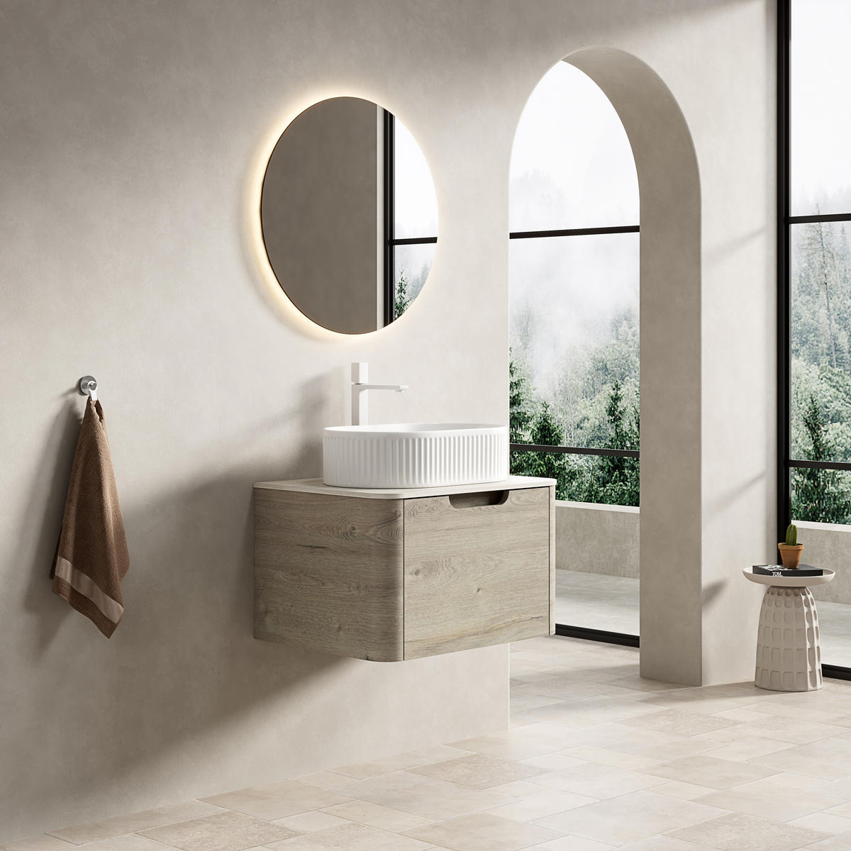 WASCHTISCHKOMBI 60x46x50.2cm Beige/Weiß mit ovalem Keramikbecken & Travertin-Arbeitsplatte - Creme, Keramik (60/50.2/46cm) - Modfu