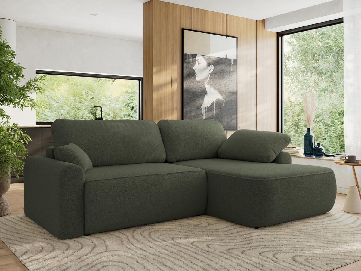 ECKSCHLAFSOFA CUBO L Dunkelgrün Boucle - rechts - Dunkelgrün/Schwarz, Kunststoff/Textil (187/273cm) - MKS