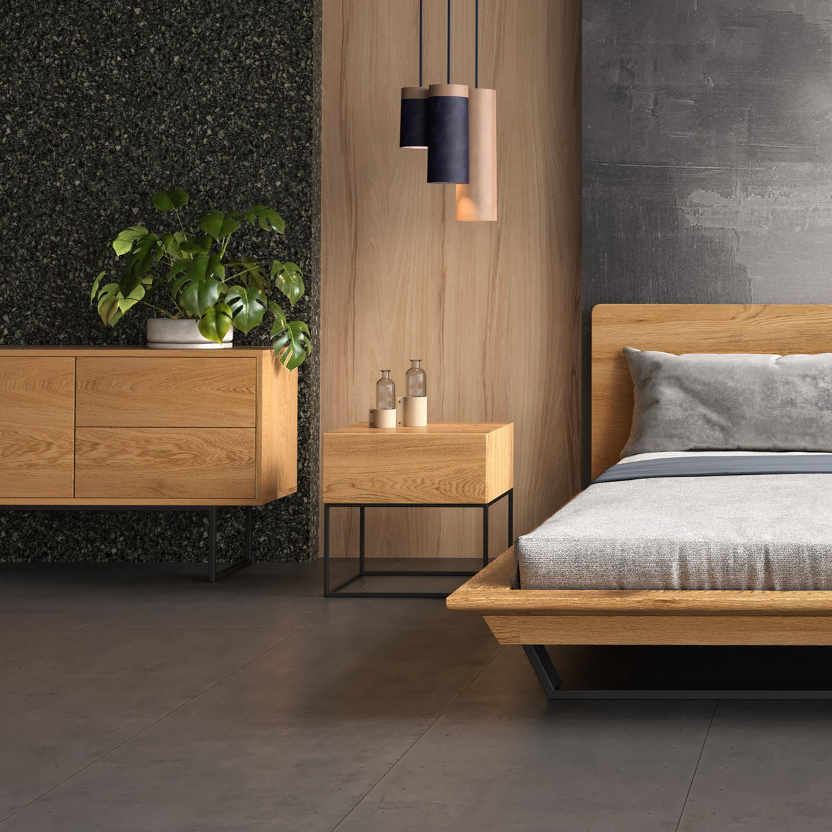 NACHTTISCH Loom mit Schublade aus massivem Eichenholz - Eichefarben/Schwarz, Holz/Metall (44/45/42cm) - Danzz