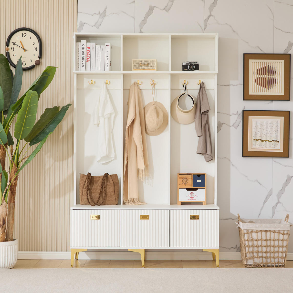 GARDEROBE mit Sitzbank, Spanplatte mit goldfarbenen Details, 120/23,5/191,5 cm, Weiß - Weiß, Holzwerkstoff (40/191/120cm) - Redom