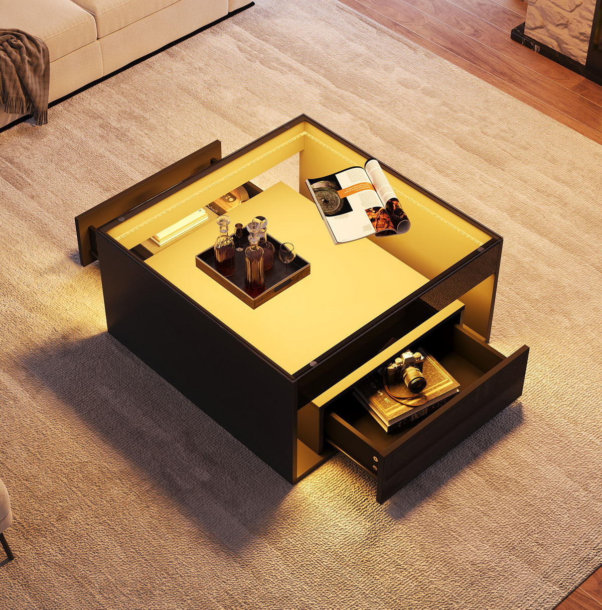 COUCHTISCH mit 2 Schubladen und LED 70 x 70 cm MDF Glas Schwarz - Schwarz, Glas (70/70/35cm) - Meubliv