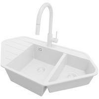 GRANITSPÜLE Kopenhagen Corner, 2-er set Alles Weiß 90/50 cm 1,5 Becken + Küchenarmatur 40/20 cm + Ablauf-Set ab 70er Unterschrank - Weiß, Kunststoff (90/18/50cm) - Primagran