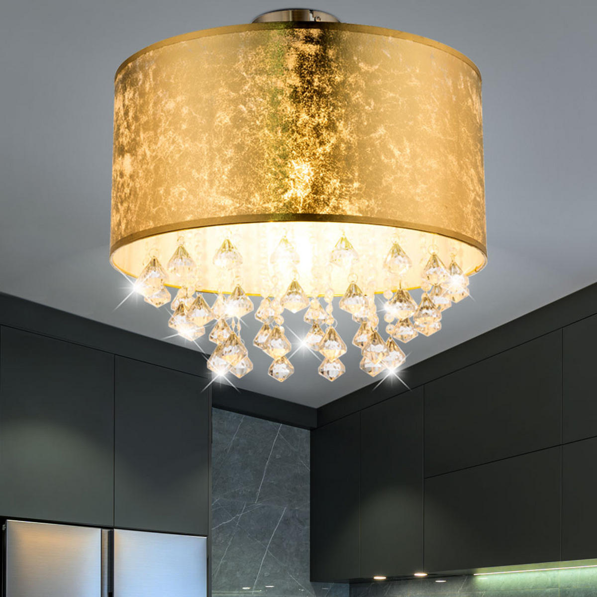 DECKENLEUCHTE Metall Textil Blattgold Kristalle - Goldfarben, Metall (30/30/31cm) - Globo Lighting