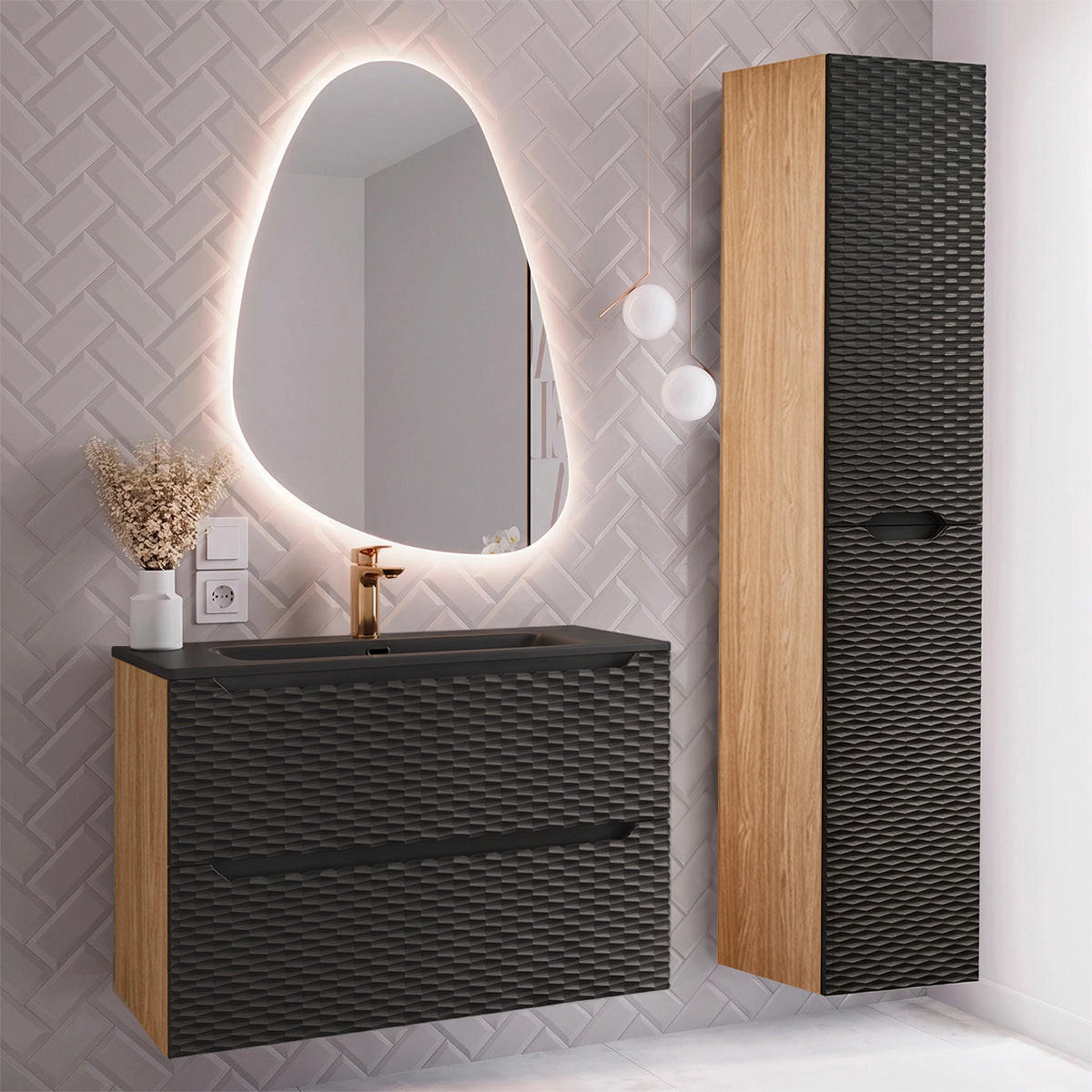 BADMÖBEL 80cm Elora 2er-Set Schwarz und Holz - Schwarz, Holzwerkstoff (80/57/46cm) - Petits-meubles