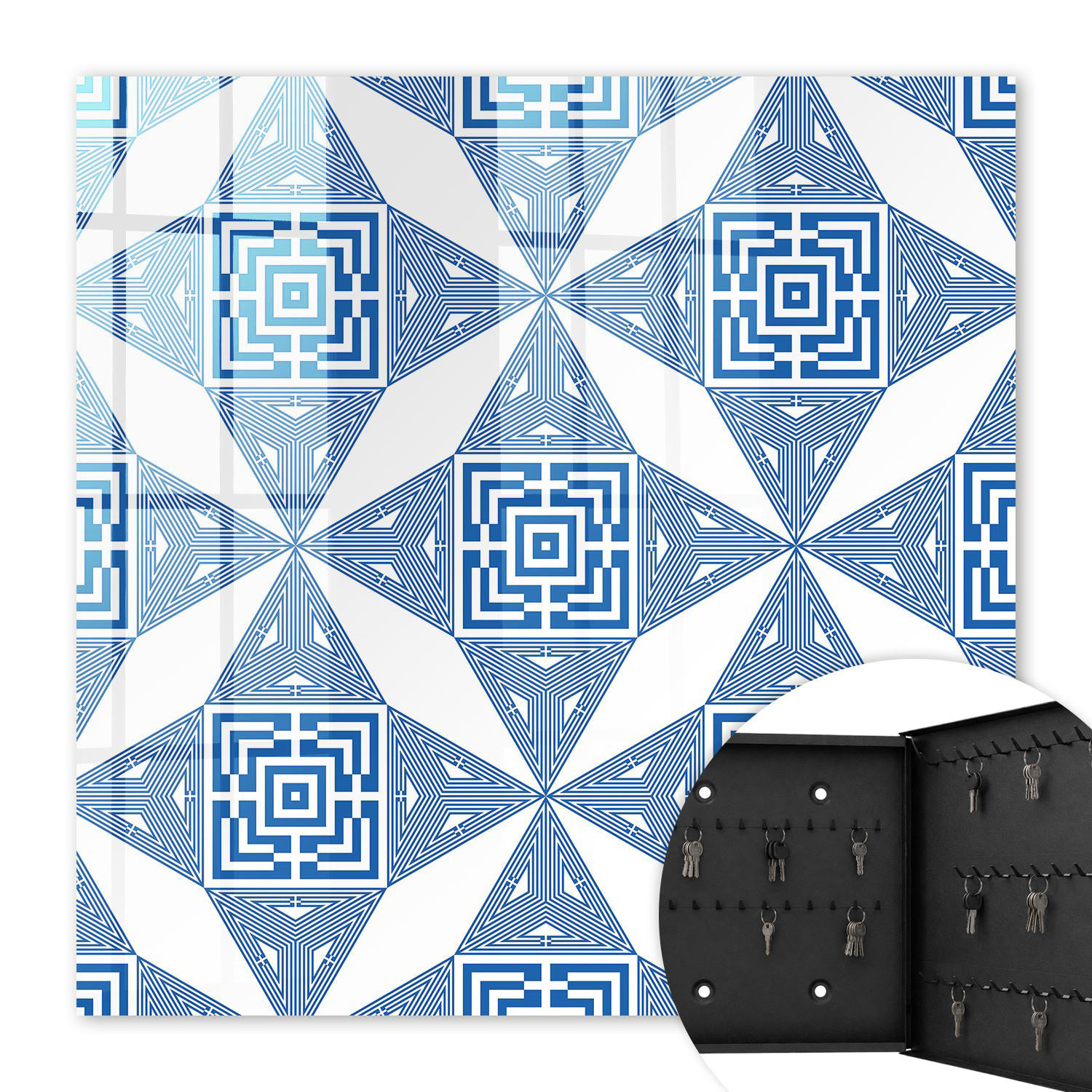 SCHLÜSSELBOX Schwarz 30x30 cm- Türöffnung nach rechts - Geometrisches Muster - Blau, Metall (30/30/5cm) - TULUP