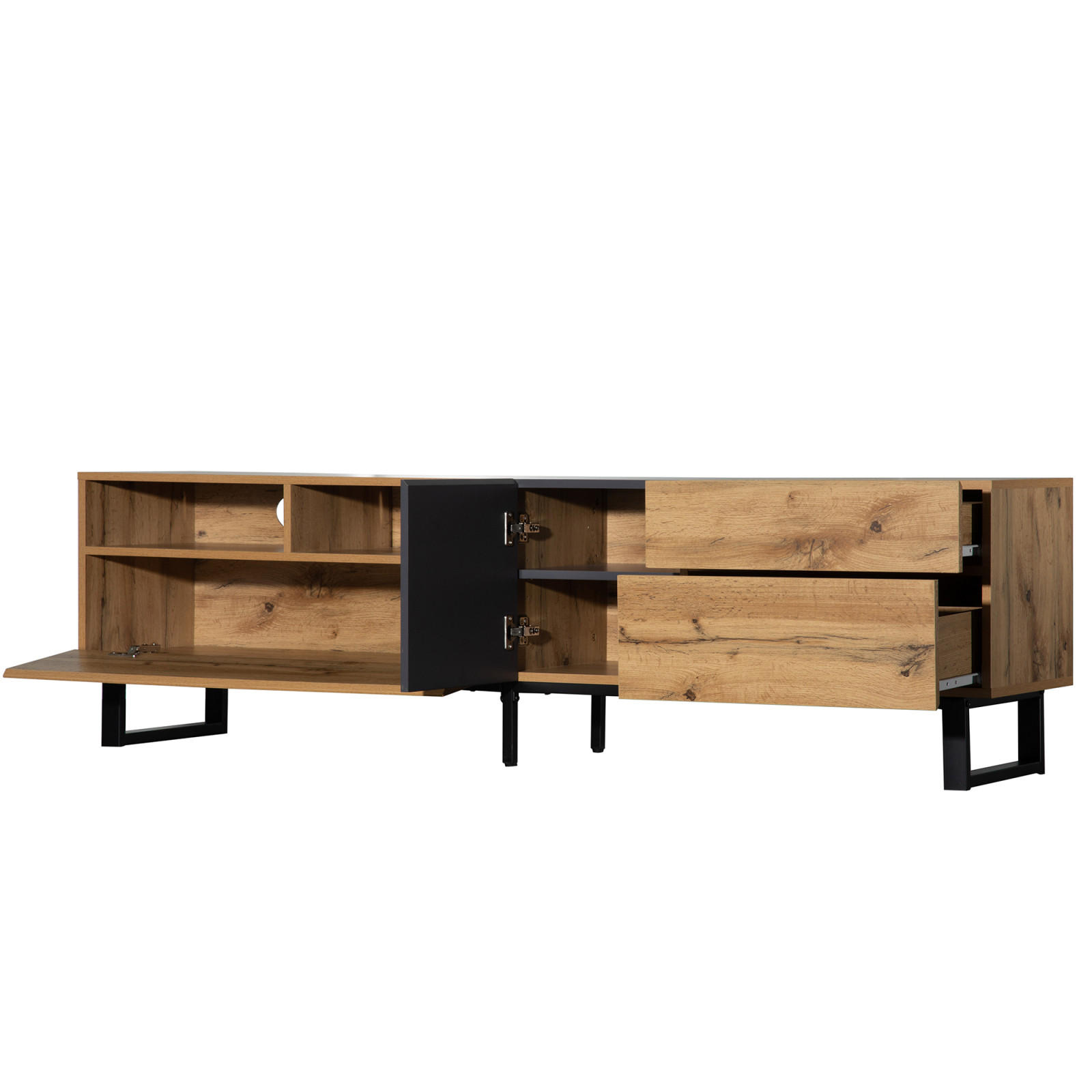TV Lowboard 180 cm, Industriestil, 2 Türen, 2 Schubladen - Schwarz, Holz (180/50/38cm)