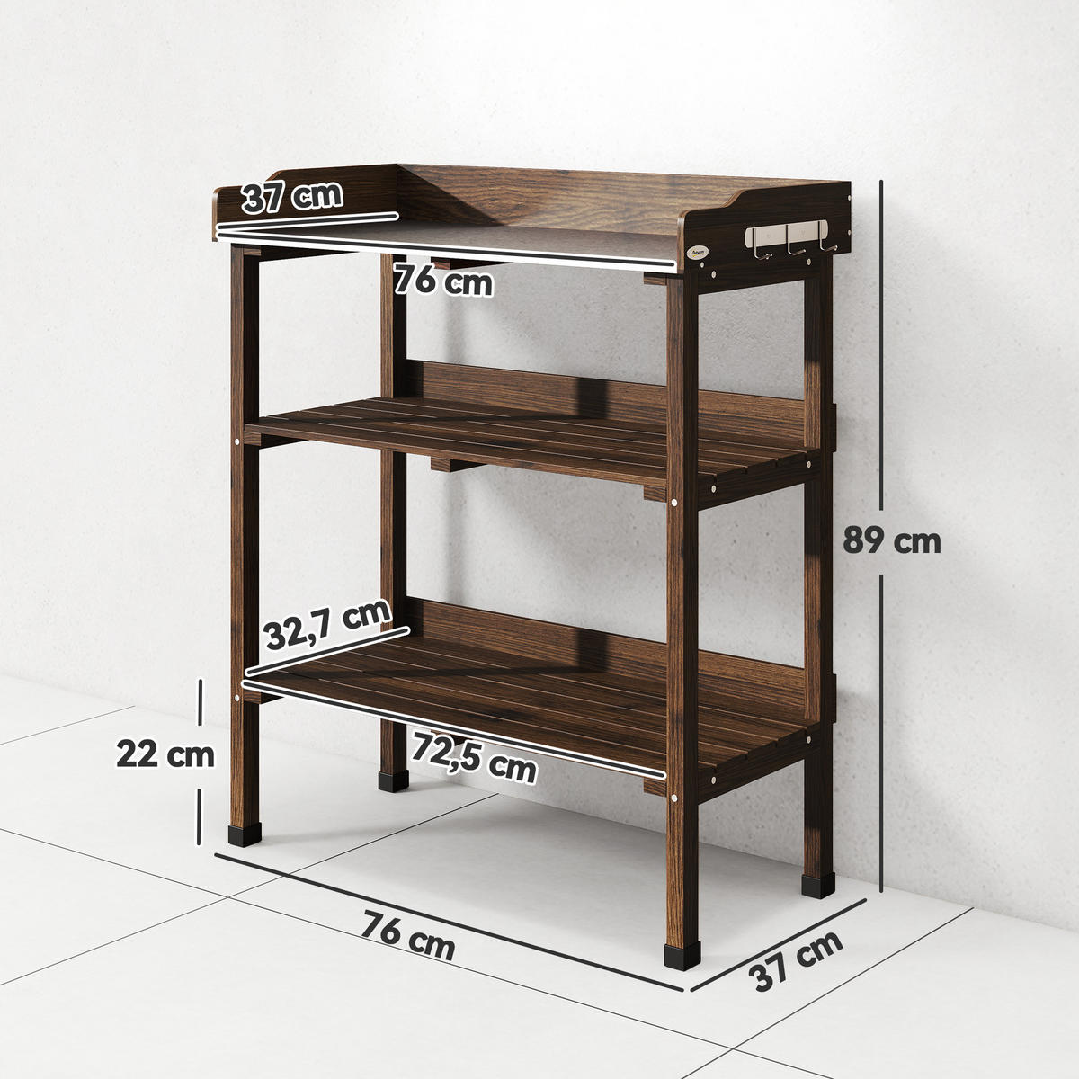 PFLANZTISCH,HOLZ Metallplatte Ablagen Haken,karbonisiert - Schwarz, Holz (37/76/89cm) - Vallsero