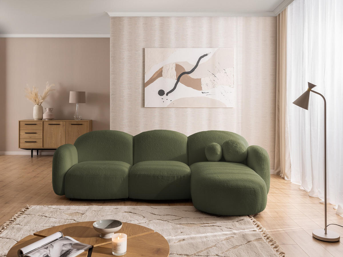 ECKSOFA Nuvola mit abgerundetem Design Grün Bouclé-Stoff - Ottomane Rechts - Schwarz/Grün, Holz/Kunststoff (268/146cm) - S-Style Möbel