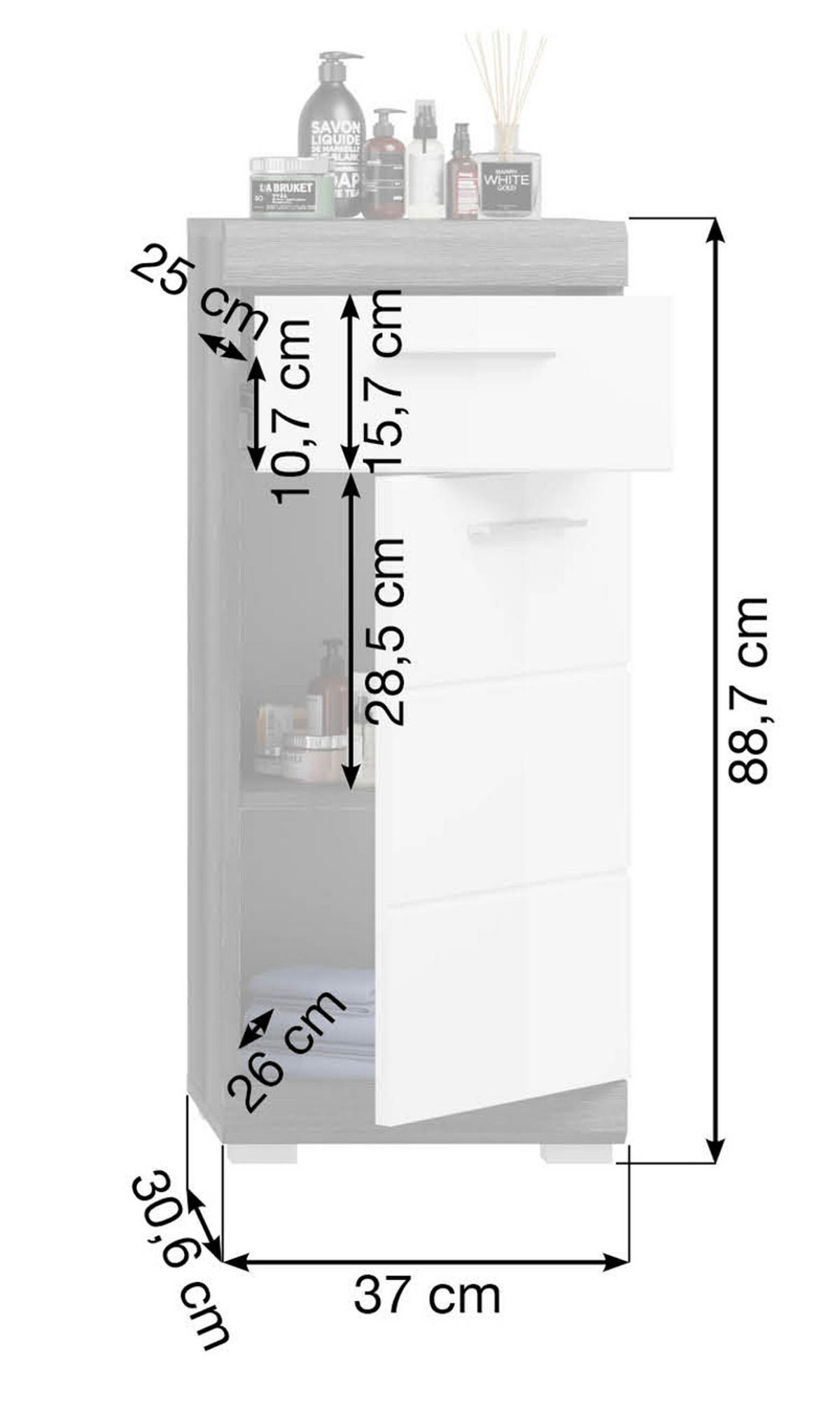 KOMMODE weiß Hochglanz, grau 88 cm, Badkommode mit Vollauszug - Chromfarben/Weiß Hochglanz, Holzwerkstoff/Kunststoff (37/88/31cm) - Inn.Furn
