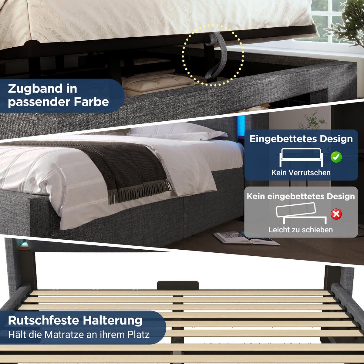 POLSTERBETT 160/200 cm grau aus Leinen mit Stauraum, LED und USB-C - Grau, Textil (160/200cm) - OKWISH