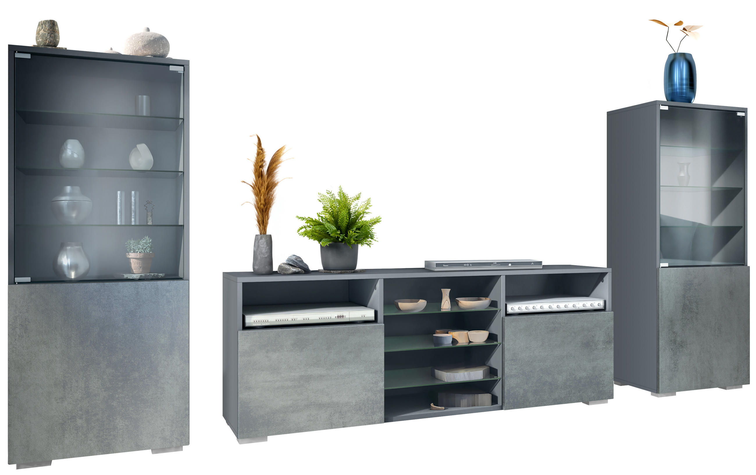 WOHNWAND Granada Beton Dunkel Optik - Dunkelgrau, Holzwerkstoff (286/122.5/35cm) - Vladon
