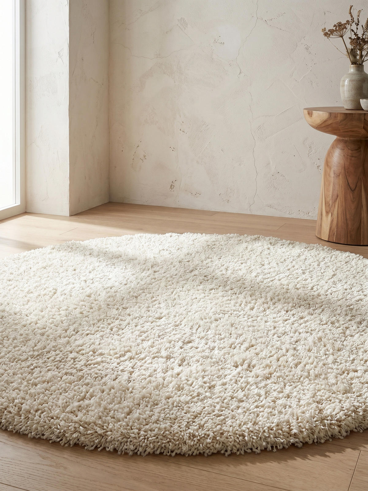 TEPPICH Wohnzimmer Hochflor Einfarbig Weich Flauschig Waschbar Rund Creme 200x200 cm – RHEIN - Beige, Textil (200/200cm) - KADIMA DESIGN