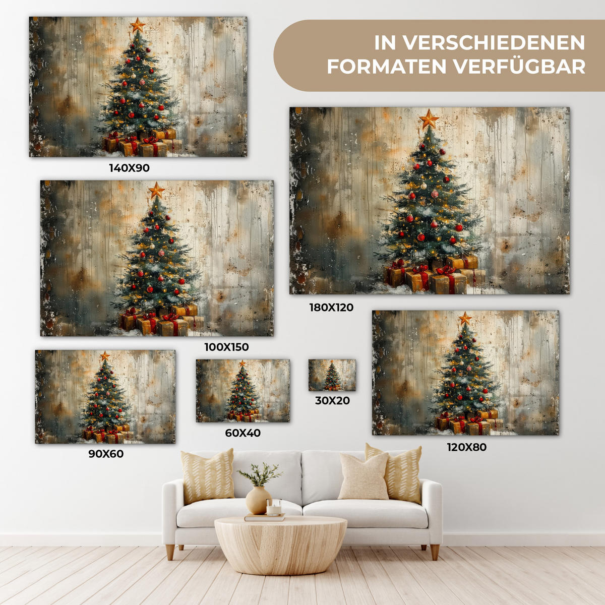 LEINWANDBILD Weihnachtsbaum - Vintage - Weihnachten - Geschenk Gemälde 60x40 cm - Rostfarben, Textil (60/40cm) - MuchoWow