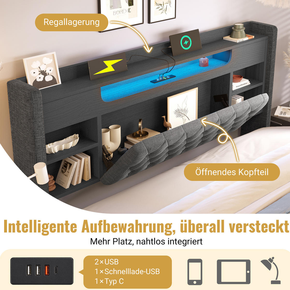 POLSTERBETT 140x200 cm in Grau mit Bettkasten, LED und USB-/USB-C-Anschlüssen - Grau, Textil (140/200cm) - IVMEU