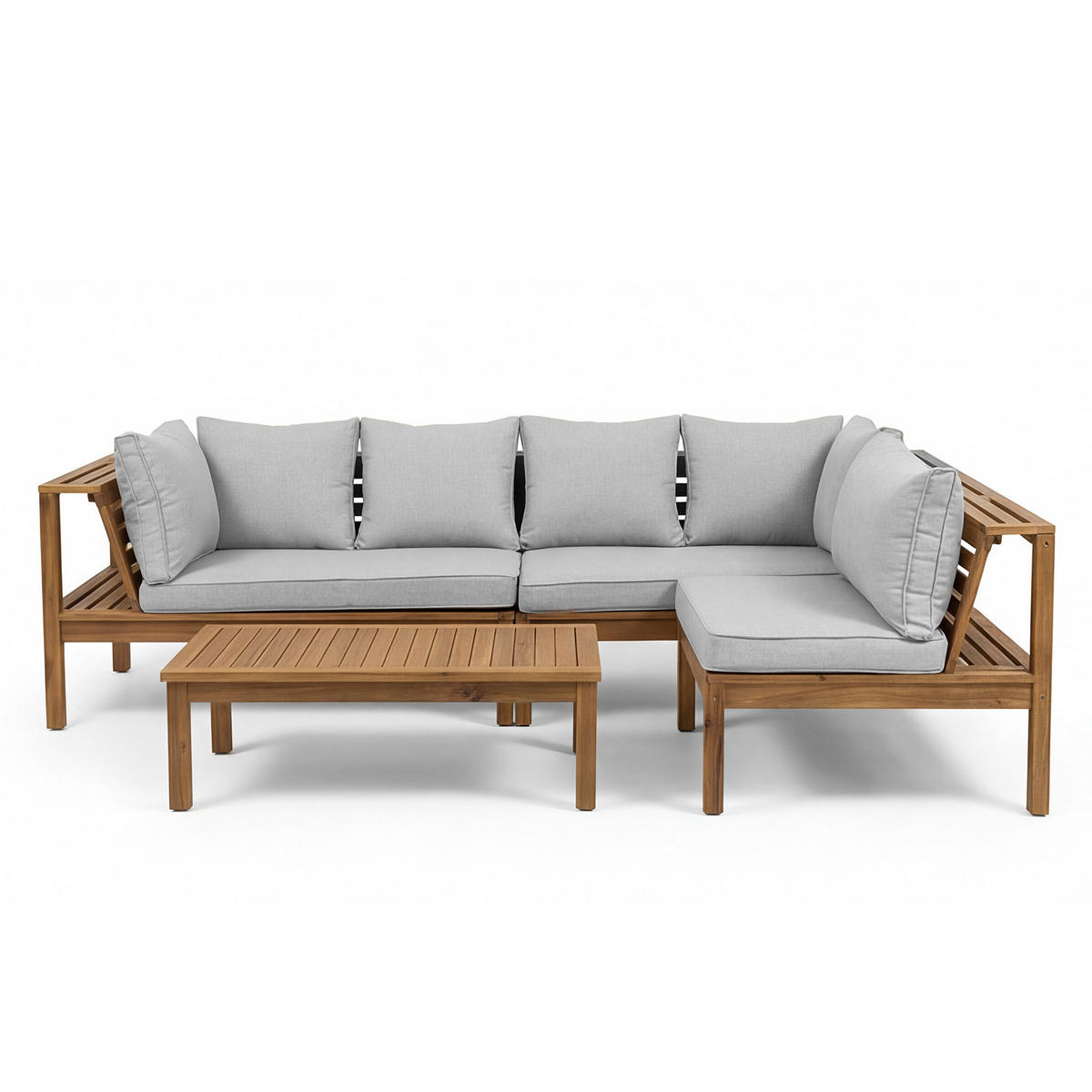 LOUNGESET - 4-teilig - Akazie massiv / Webstoff - Braun / Beige - Hellgrau, Holz/Textil - home24