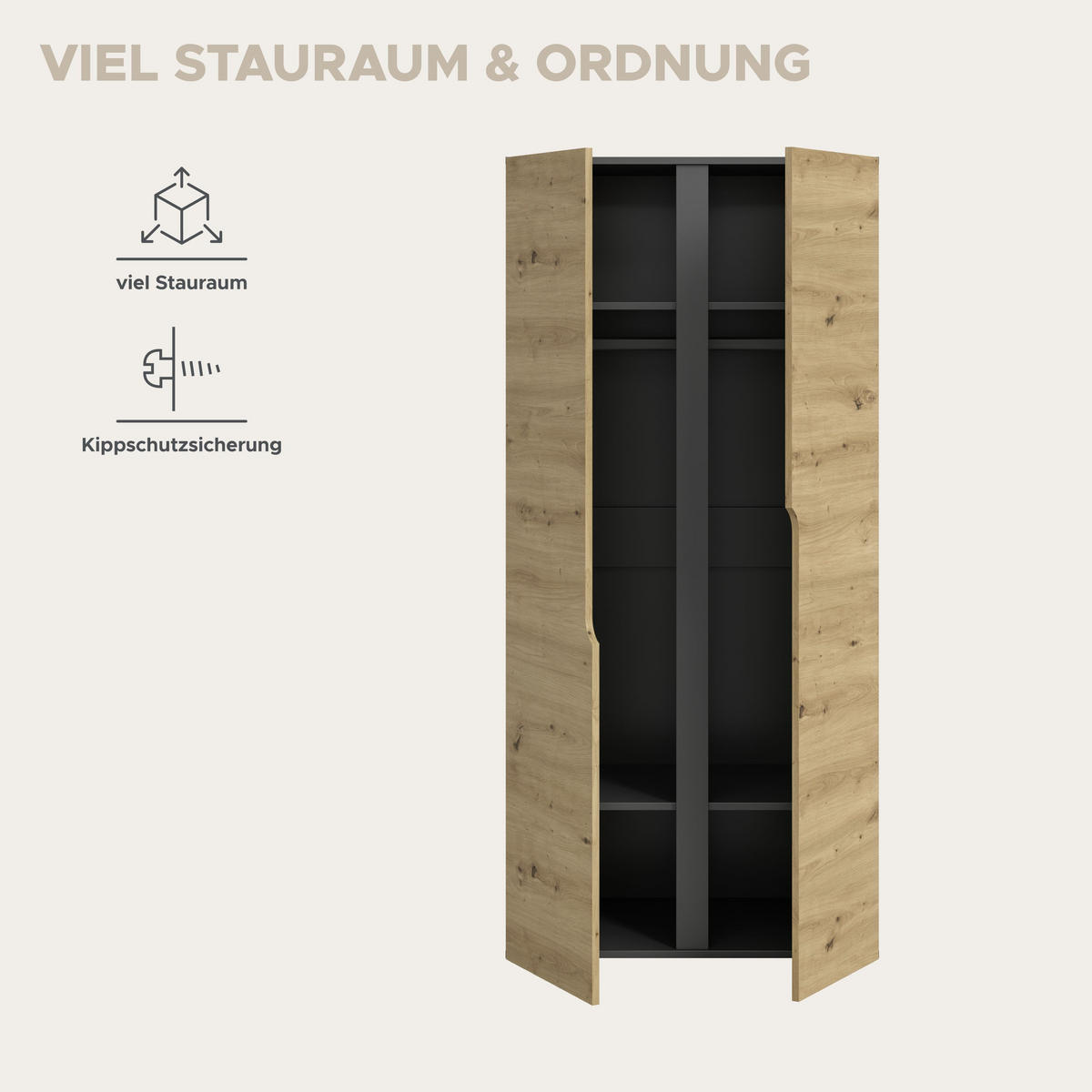 KLEIDERSCHRANK 2TÜRIG Anga Artisan Eiche 80/51/180 cm - Anthrazit, Holzwerkstoff (80/180/51cm) - Xonox