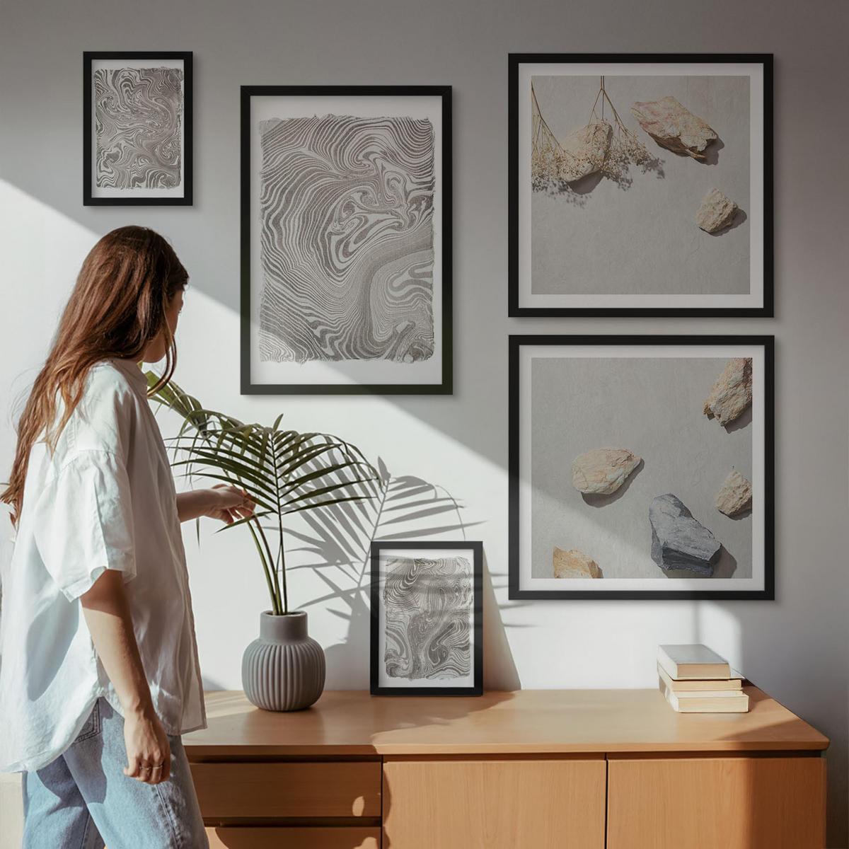 WANDBILDER 5er-Set - 50x50 cm & 20x30 cm & 40x60 cm Schwarzer Rahmen - Moderne abstrakte Formen - Schwarz, Kunststoff (40/60cm) - ArtPrintCave