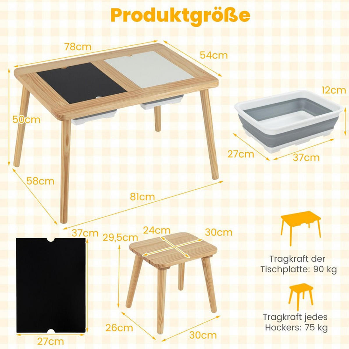 KINDERSPIELTISCH Quadrat natur(3-tlg) - Naturfarben, Holz (81/50/58cm) - COSTWAY