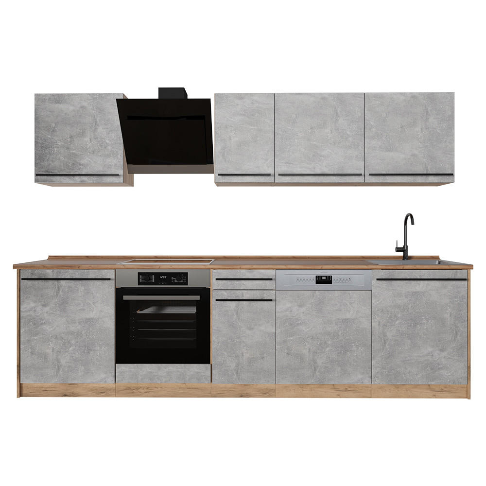 KÜCHENZEILE R-Line, Beton/Goldkraft Eiche, 280 cm Arbeitsplatte Goldkraft Eiche - Honigeiche/Grau, Holzwerkstoff (280/206.8/60cm) - Vicco