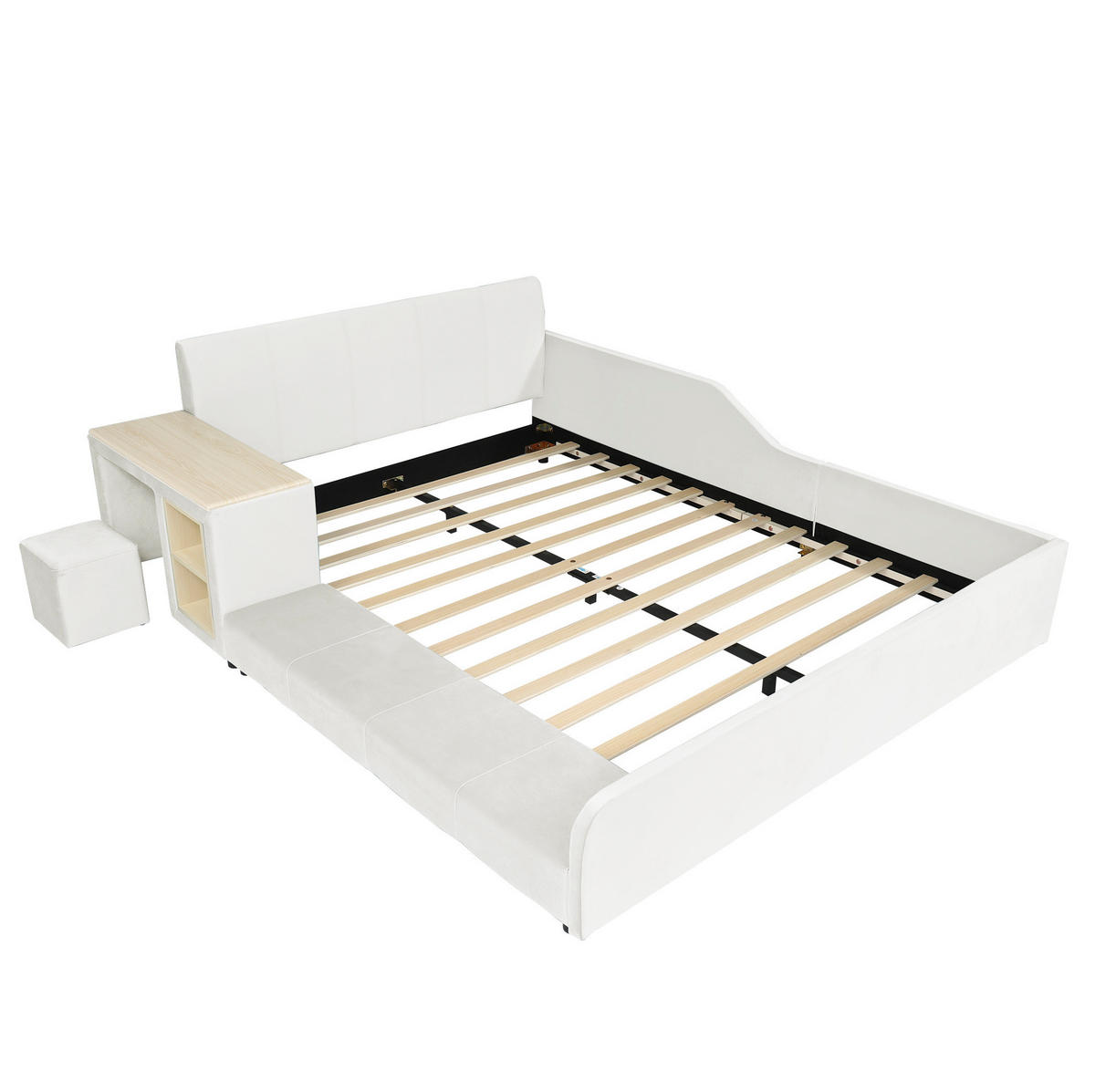 KINDERBETT 140/200 cm mit Schreibtisch, Hocker, Ablageboden und weichem Kopfteil, Samt, Weiß - Weiß, Textil (140/200cm) - Redom