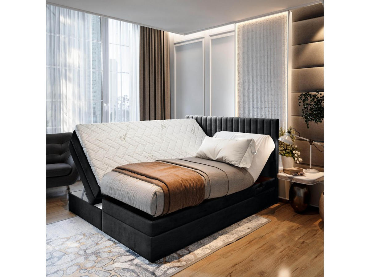 BOXSPRINGBETT ADÈLE 140x200 cm - elektrische Bett mit Matratze + Tooper und Bettkasten - Schwarz - 140x200 cm - Schwarz, Textil (140/200cm) - Trada