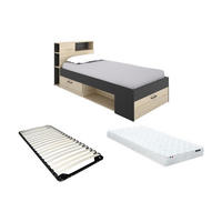 BETT mit Kopfteil, Stauraum & Schublade + Matratze + Lattenrost - 90 x 190 cm - Naturfarben & Anthrazit - LEANDRE - Anthrazit, Holz (99.5/218.5cm) - Vente-Unique