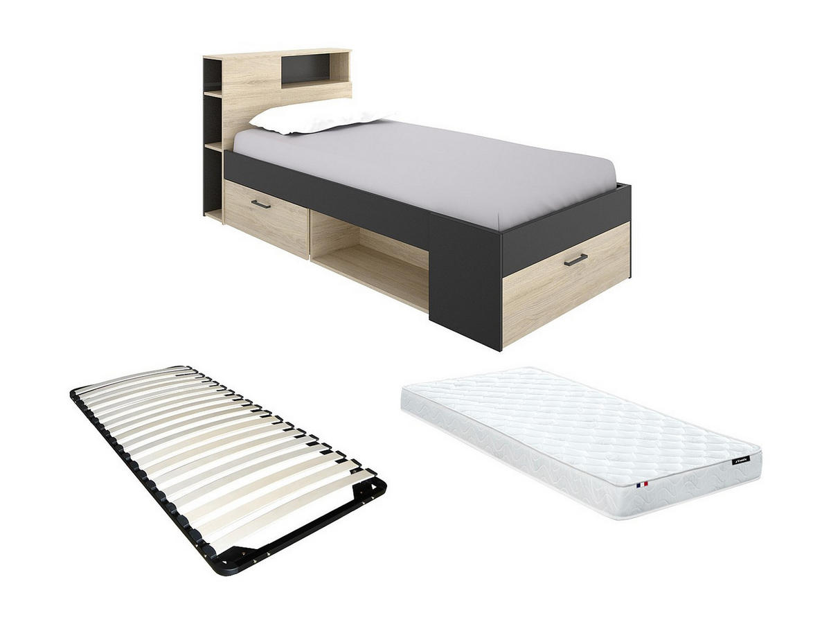 BETT mit Kopfteil, Stauraum & Schublade + Matratze + Lattenrost - 90 x 190 cm - Naturfarben & Anthrazit - LEANDRE - Anthrazit, Holz (99.5/218.5cm) - Vente-Unique