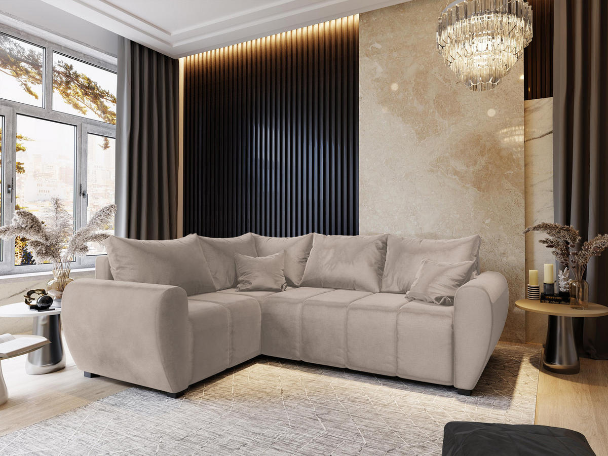 ECKSOFA MADISON L L-S Beige Plüsch-Stoff mit Schlaffunktion - Beige, Holz (235/175cm) - MASSENO