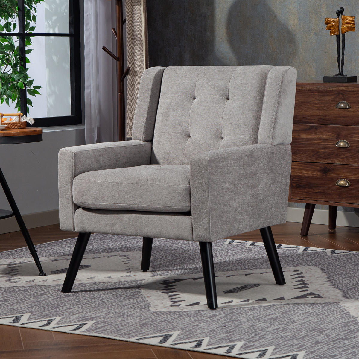 POLSTERSTUHL Leinen mit Tufting, Massivholzbeinen 68/76/88 cm Hellgrau 130 kg belastbar - Hellgrau, Textil (76/88/68cm) - Redom