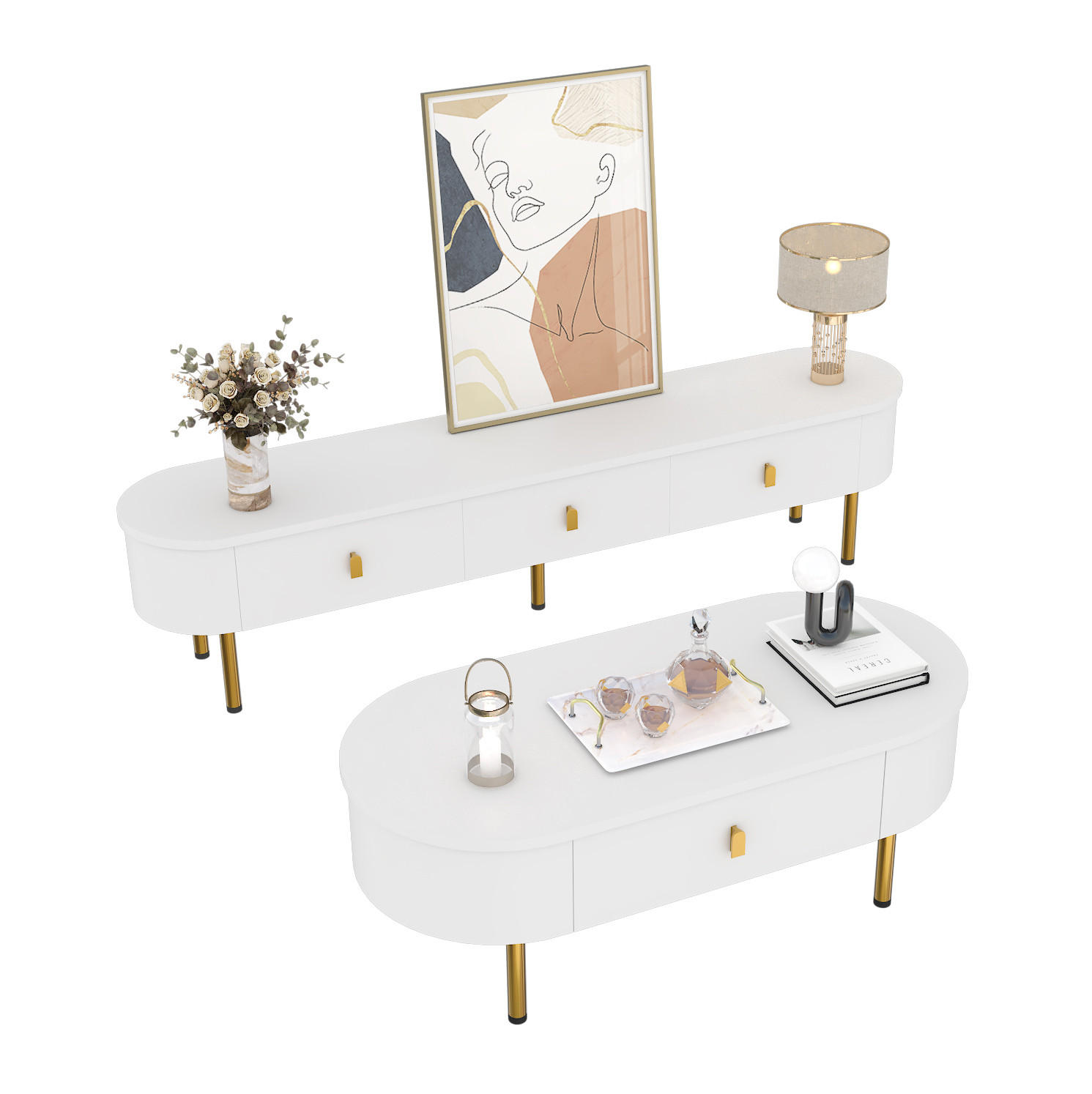 TV-SCHRANK- und Couchtisch-Set aus MDF 174x35x41 cm & 108x50x40 cm Weiß mit Schubladen und goldfarbenen Details - Weiß, Holzwerkstoff (174/41/35cm) - Modfu